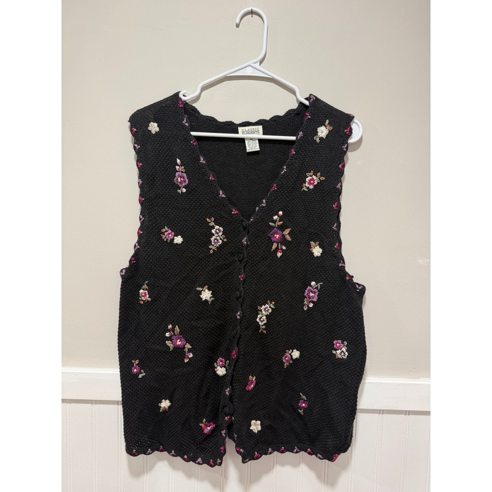 Classic Elements Crochet Sleeveless Vest Top Floral Cottagecore Black Women Sz M